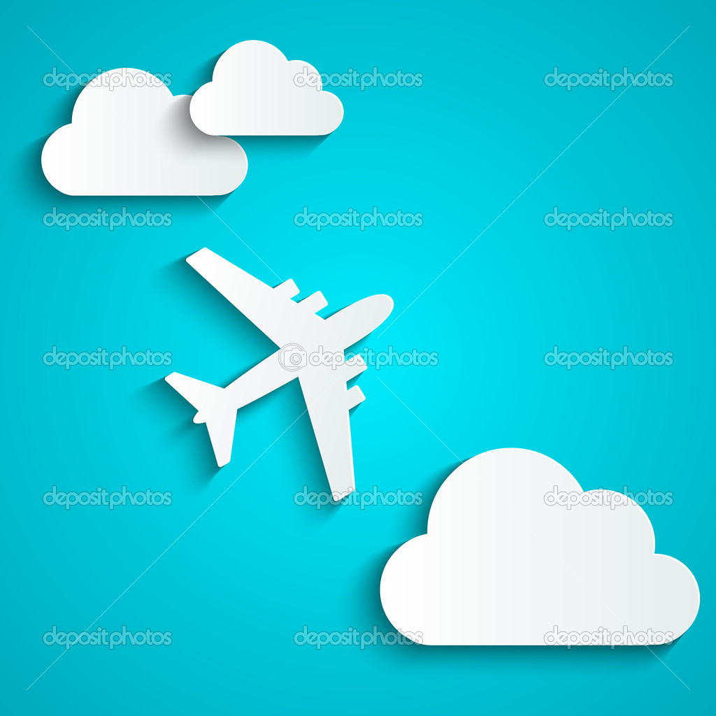 Paper background with airplane and clouds
