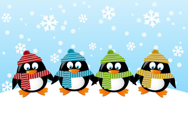 Милые пингвины на зимнем фоне

