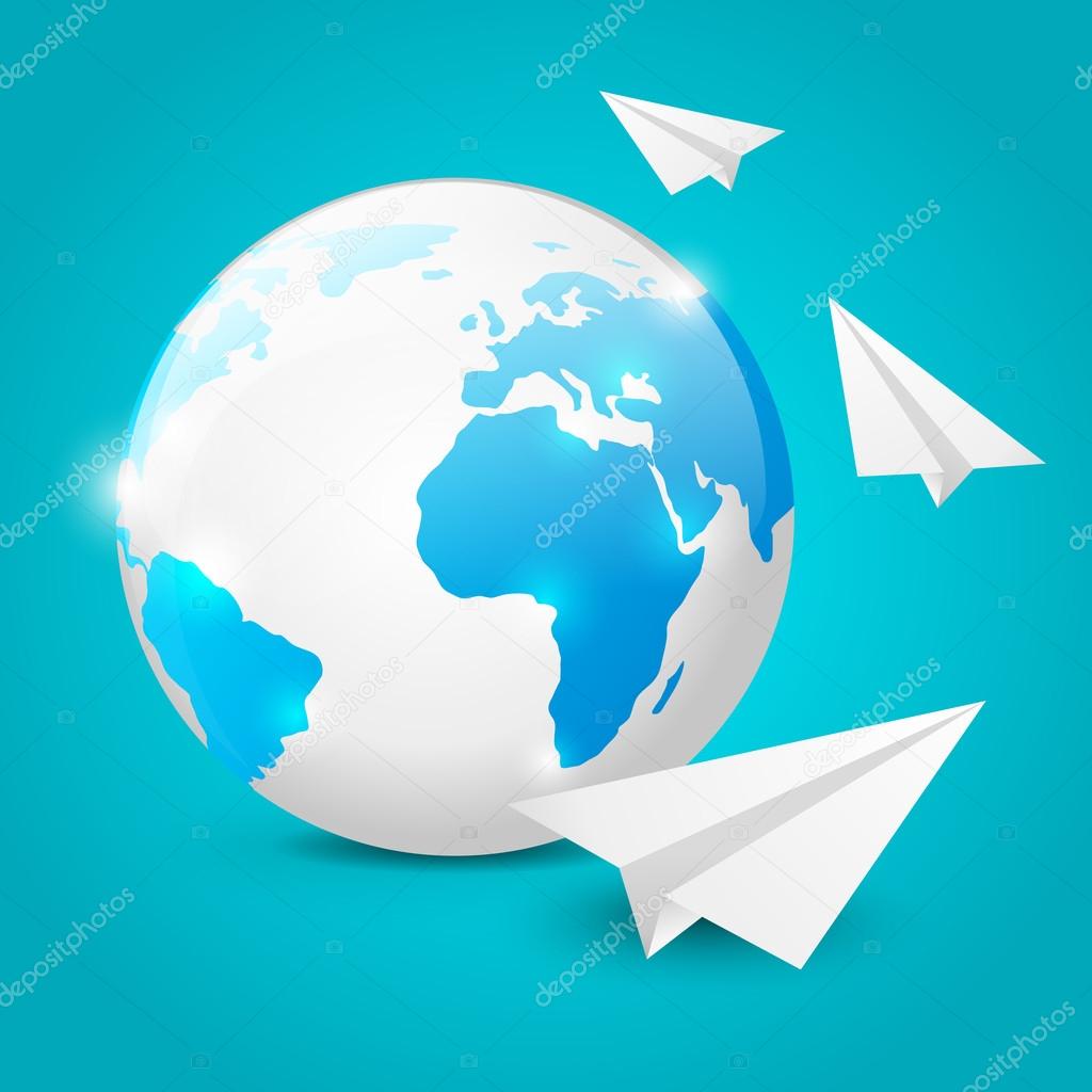Earth globe with paper airplanes
