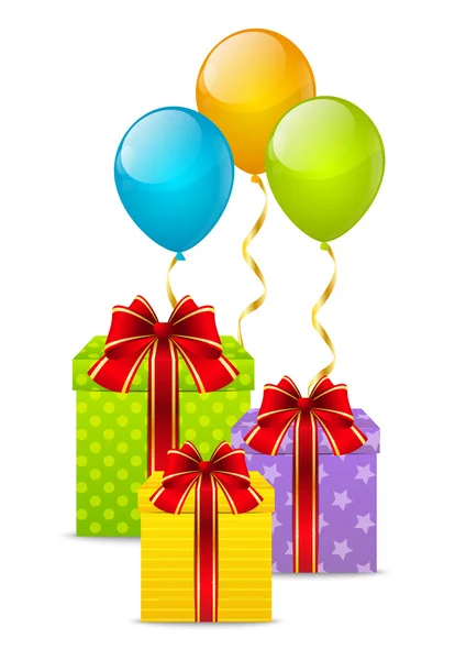 Regalos de cumpleaños con globos de color — Vector de stock