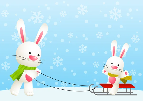 Cute white rabbits with sled — Stock Vector