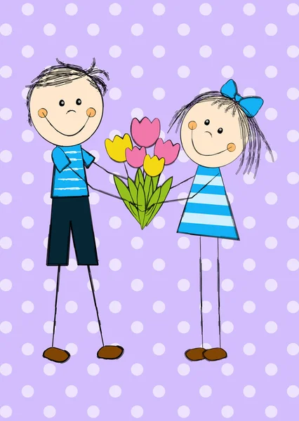 Couple drôle avec bouquet de tulipes — Image vectorielle