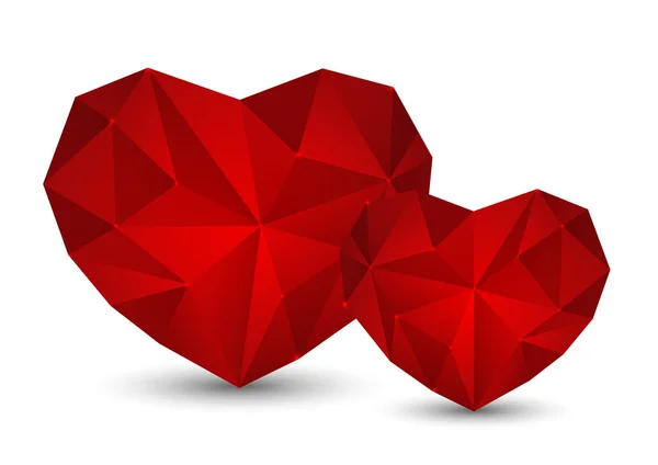 Corazones de polígono rojo sobre blanco — Vector de stock