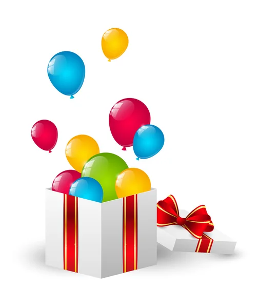 Caja de regalo con globos de color — Vector de stock