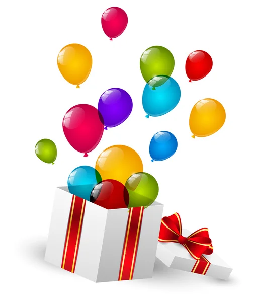 Geschenkbox mit bunten Luftballons — Stockvektor