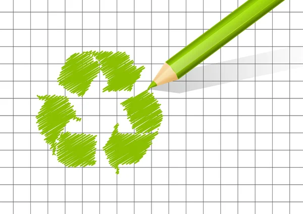 Yeşil kalem çizim geri dönüşüm sembolü — Stok Vektör