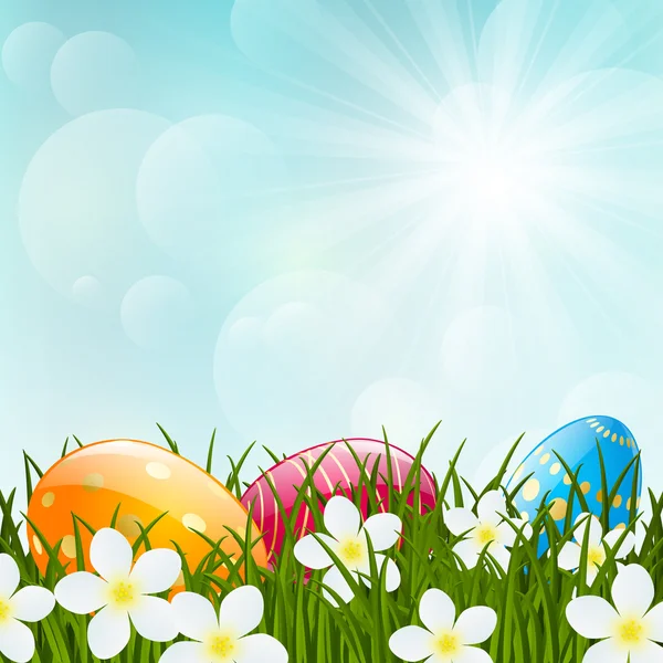 Easter eggs on green grass — Stock Vector