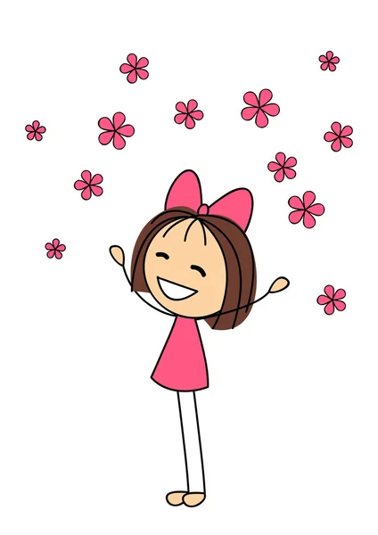 Linda niña con flores rosadas — Vector de stock