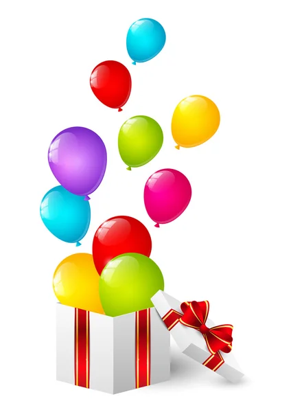 Caja de regalo con globos de color — Vector de stock