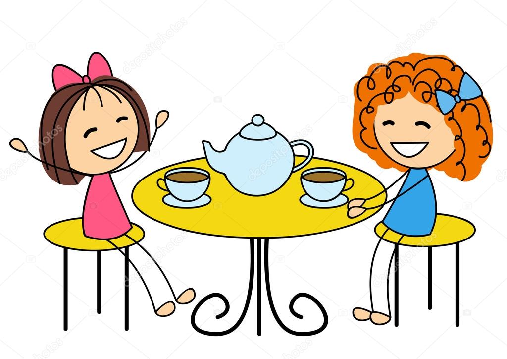 Animación feliz niños con tazas de café y té — Vector de stock