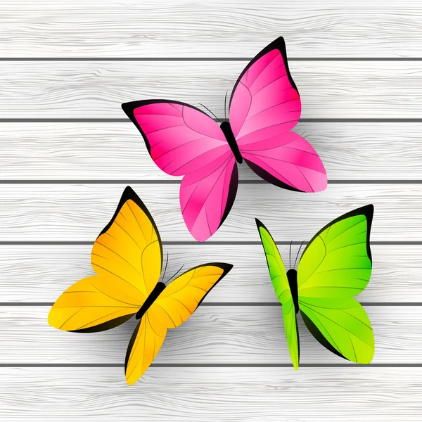 Color butterflies on wooden background 2 — Stock Vector