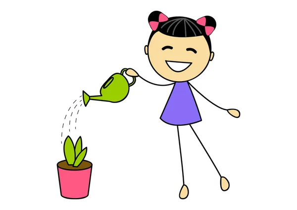Roztomilá malá holka zalévání rostlin — Stockový vektor