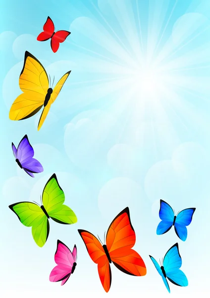 Color butterflies on sunny sky background — Stock Vector