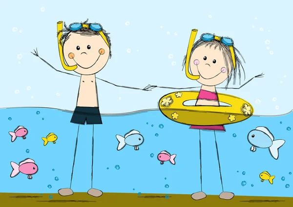 可爱游泳的海面背景的孩子们 — 图库矢量图片