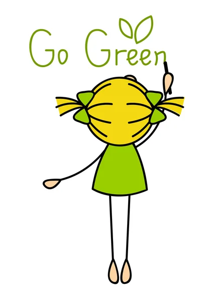 Linda niña escribiendo Go Green — Vector de stock