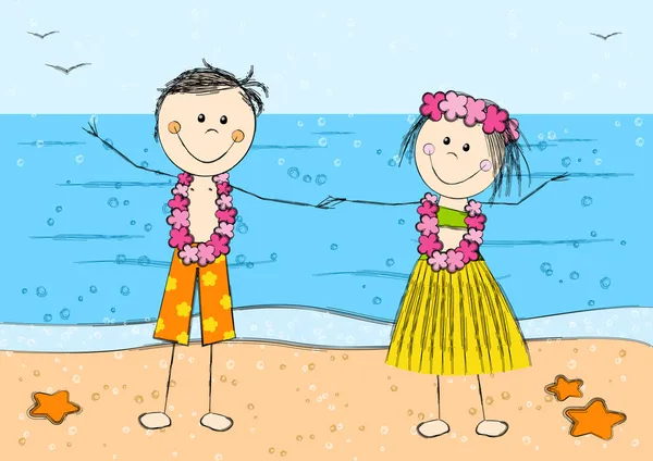 幸福的夏威夷夫妇的海面背景 — 图库矢量图片