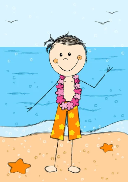 海の背景での幸せなハワイ少年 — ストックベクタ