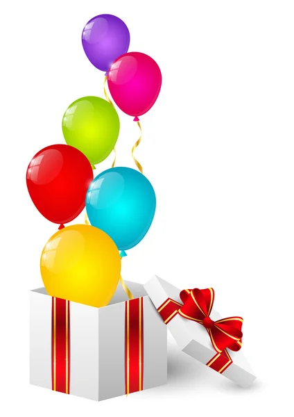 Caja de regalo con globos de color — Vector de stock