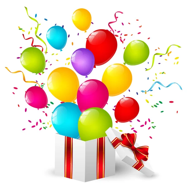 Caja de regalo con globos de color — Vector de stock