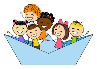 sevimli küçük kağıt tekne içinde çocuklar