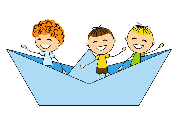 Cute little boys in paper boat — Stock Vector