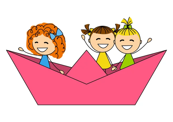 Söta små flickor i papper båt — Stock vektor
