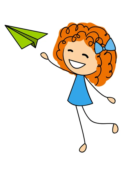 Carina bambina con aeroplano di carta — Vettoriale Stock