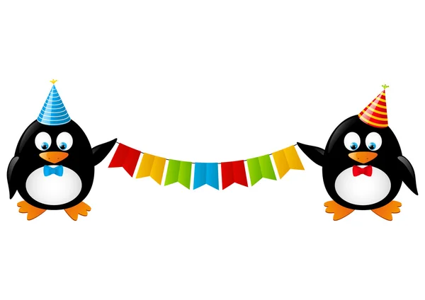 Pinguins engraçados com bandeiras de festa — Vetor de Stock