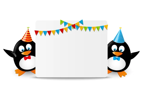 Pingüinos divertidos con tarjeta de felicitación — Vector de stock