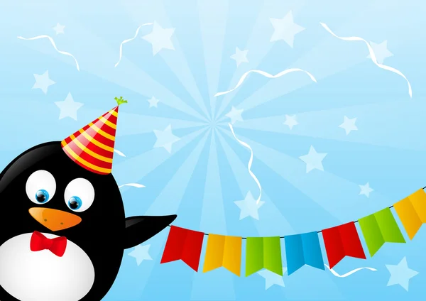 Pingüino divertido con banderas de fiesta — Vector de stock