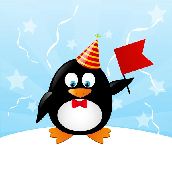 Pinguim engraçado com bandeira vermelha — Vetor de Stock