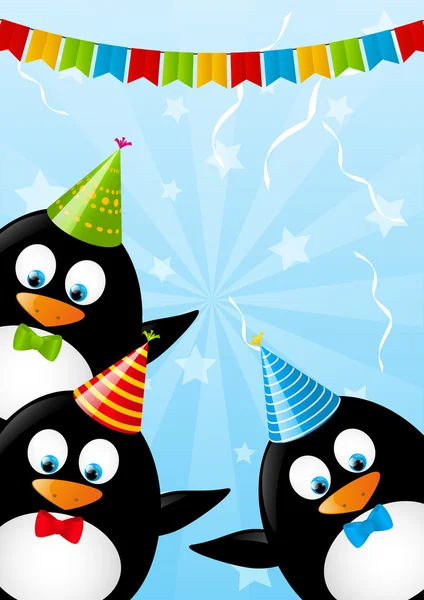 Tarjeta de cumpleaños con divertidos pingüinos — Vector de stock