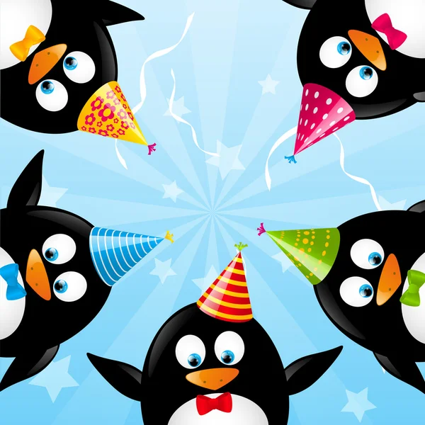 Tarjeta de cumpleaños con divertidos pingüinos — Vector de stock