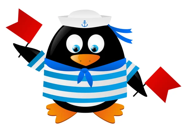 Pingvin sjöman med röda flaggor — Stock vektor