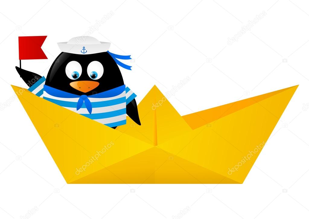 Penguin sailors in paper boat
