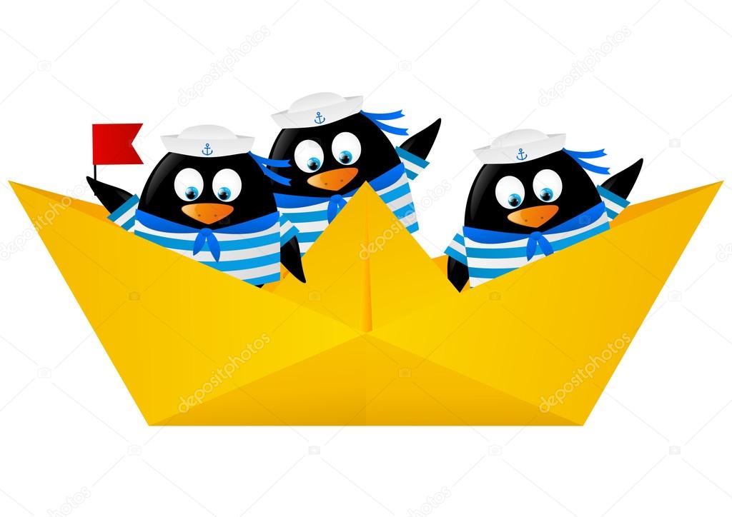 Penguin sailors in paper boat
