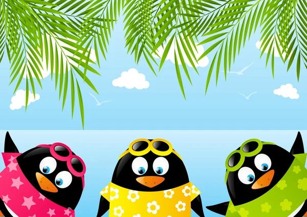 Χαριτωμένα πιγκουΐνους σε φόντο καλοκαίρι — Διανυσματικό Αρχείο