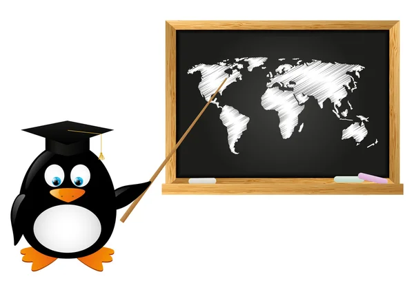 学生与学校黑板上的企鹅 — 图库矢量图片