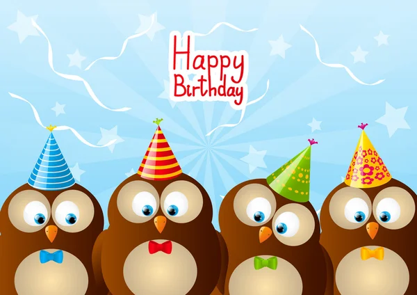 Tarjeta de cumpleaños con búhos divertidos — Vector de stock