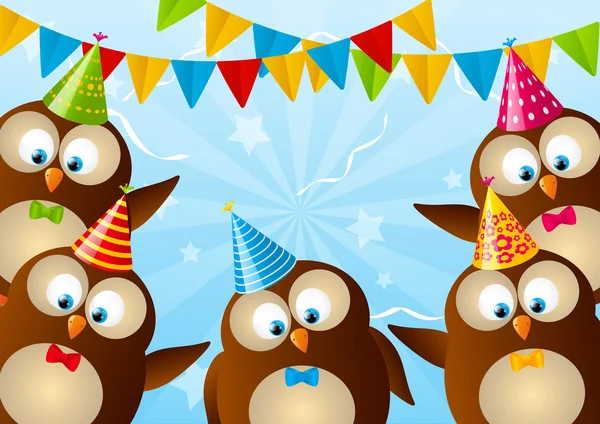 Cartão de aniversário com corujas engraçadas — Vetor de Stock