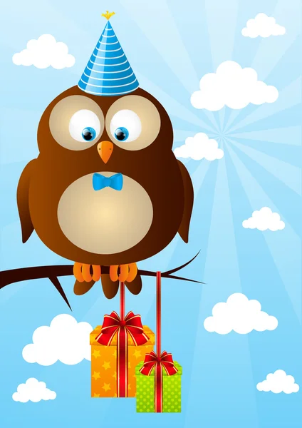 Verjaardag op hemelachtergrond owl — Stockvector