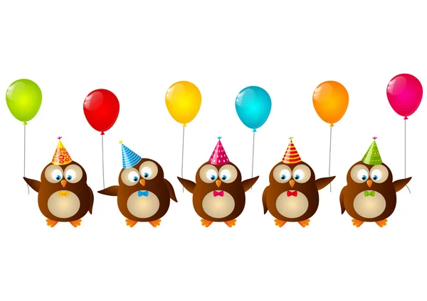 Hiboux d'anniversaire avec ballons — Image vectorielle