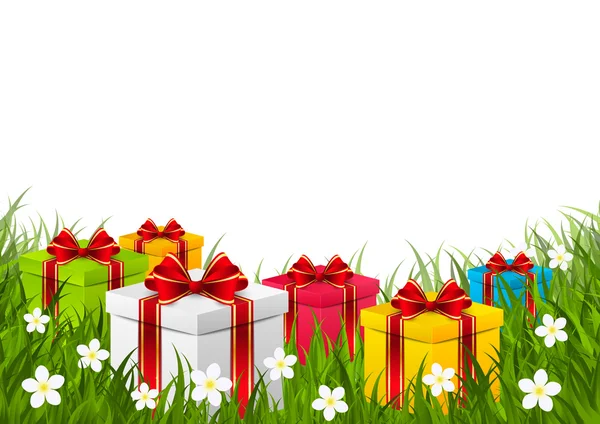 Gift boxes on green grass — Stock Vector
