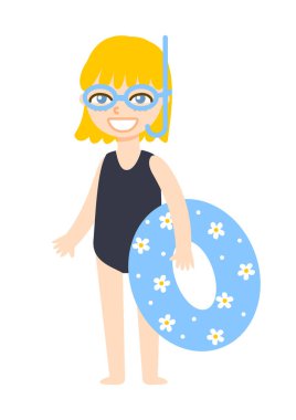 Beyaz arka planda izole edilmiş şirin çizgi film kızı.