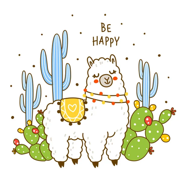 Lindo Lama Feliz Con Cactus Aislados Blanco Personaje Dibujos Animados — Archivo Imágenes Vectoriales