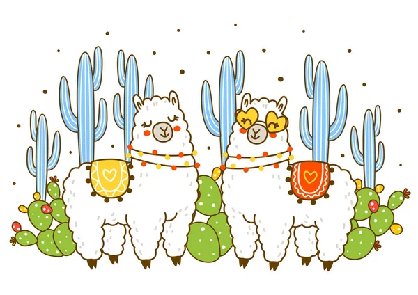 Leuke Vrolijke Lama Met Cactussen Geïsoleerd Wit Stripfiguren Voor Ontwerp — Stockvector