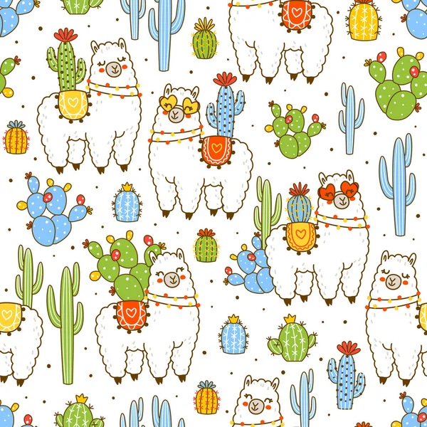 白い上に隔離されたかわいいサボテンの植物とシームレスなパターン 幸せな夏のデザインのための漫画の背景 — ストックベクタ