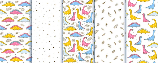 Set Seamless Patterns Cute Dinosaurs Cartoon Backgrounds Children Textile Wrapping — Stock Vector