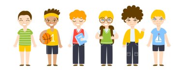 Beyaz arka planda izole edilmiş bir grup yakışıklı okul çocuğu.