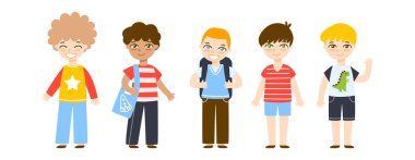 Beyaz arka planda izole edilmiş bir grup yakışıklı okul çocuğu.